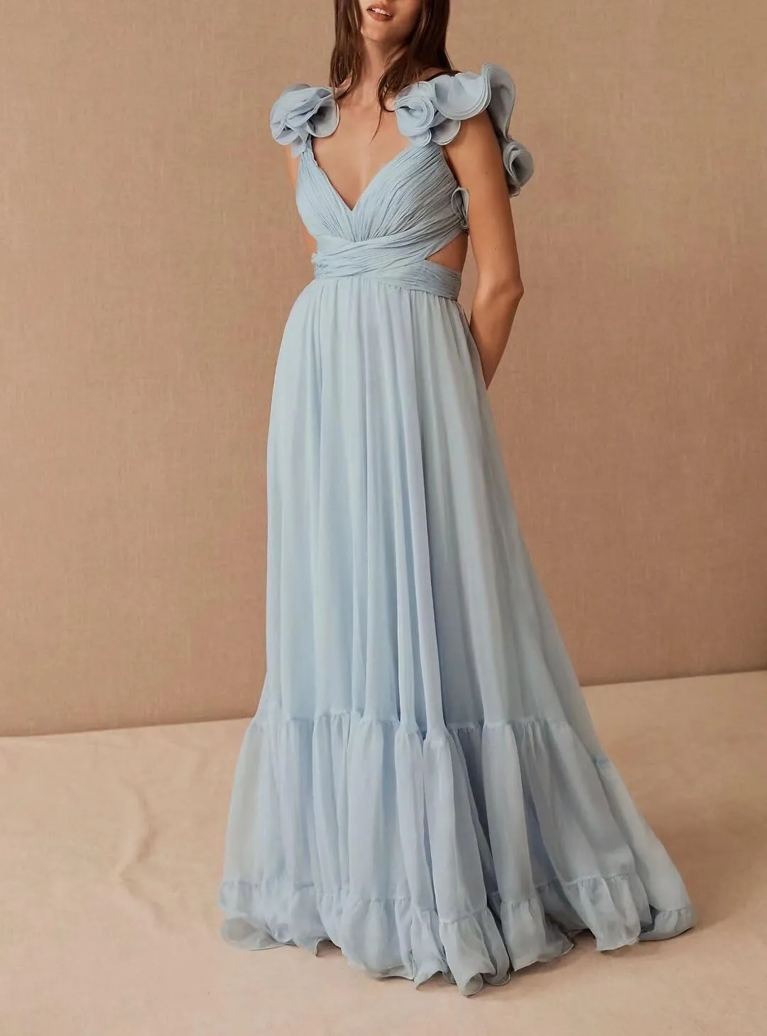 Lawrncedw Chiffon Ruffle Prom Dresses for Women V Neck Long Bridesmaid Dresses Backless Formal Evening Gowns A Line