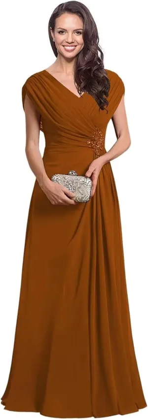 Leeskoot Chiffon Mother of The Bride Dresses with Sleeves V Neck Ruffles A Line Long Formal Wedding Guest Dress