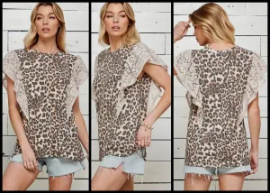 Leopard Print Top With Ruffled Lace Short Sleeve Top
