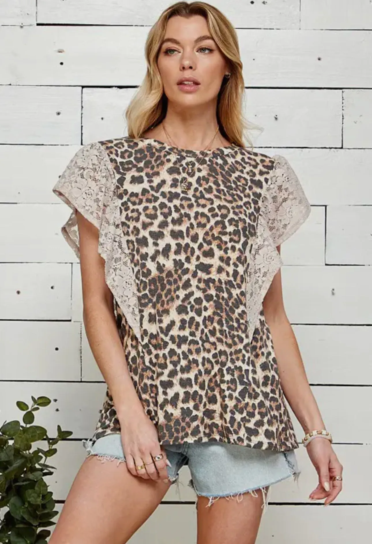 Leopard Print Top With Ruffled Lace Short Sleeve Top