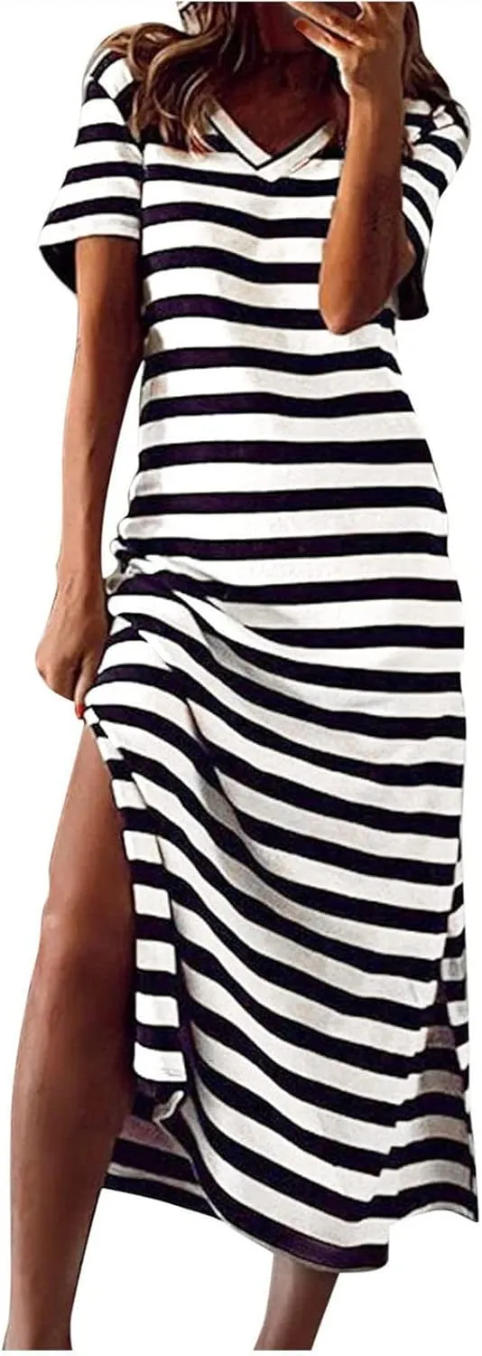 LFEOOST Women's 2024 Summer Maxi Dresses Short Sleeve V Neck Stripe Sundress Side Slit Loose Casual Long Beach T Shirt Dress