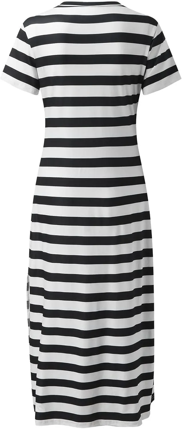 LFEOOST Women's 2024 Summer Maxi Dresses Short Sleeve V Neck Stripe Sundress Side Slit Loose Casual Long Beach T Shirt Dress