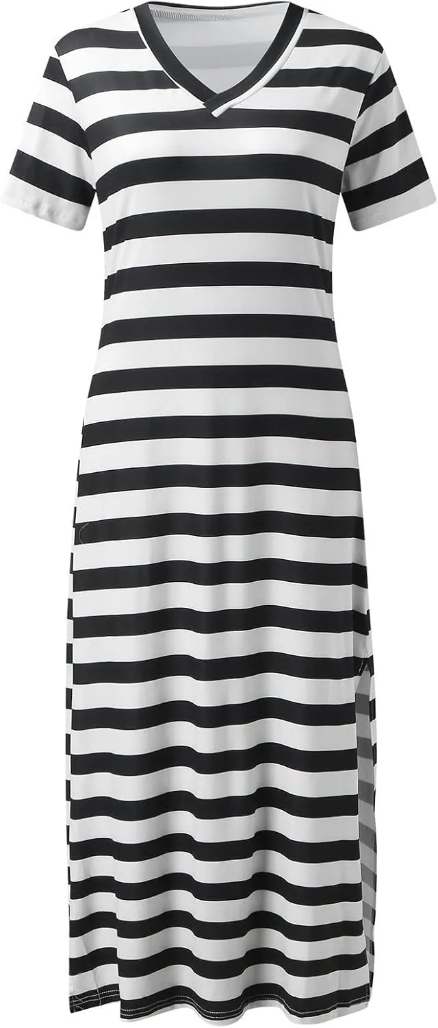 LFEOOST Women's 2024 Summer Maxi Dresses Short Sleeve V Neck Stripe Sundress Side Slit Loose Casual Long Beach T Shirt Dress