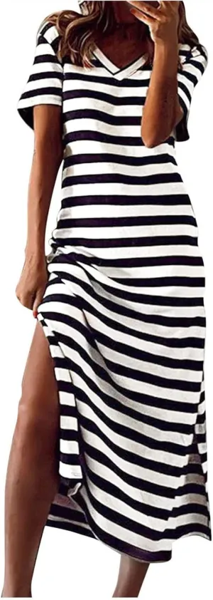 LFEOOST Women's 2024 Summer Maxi Dresses Short Sleeve V Neck Stripe Sundress Side Slit Loose Casual Long Beach T Shirt Dress
