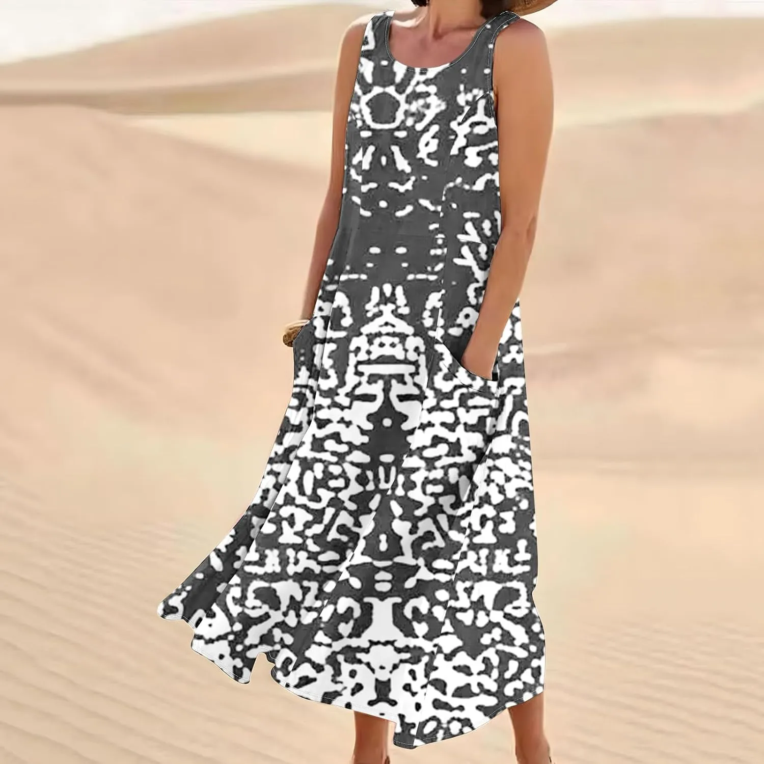 Linen Dress for Women Casual Cocktail Dresses Summer Sleeveless Cotton Linen Pocket Dress Loose Fit Beach Sundresses