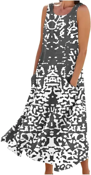 Linen Dress for Women Casual Cocktail Dresses Summer Sleeveless Cotton Linen Pocket Dress Loose Fit Beach Sundresses