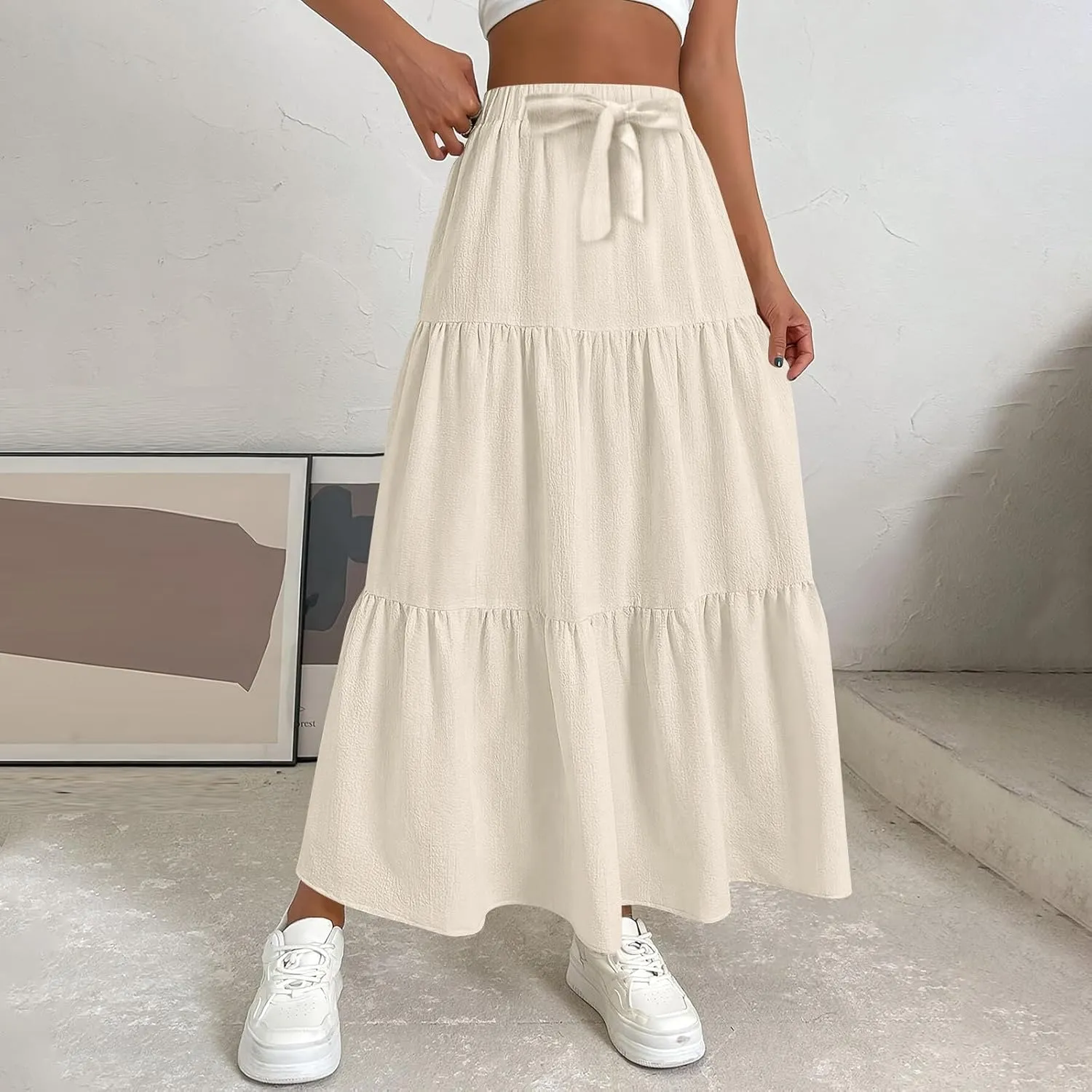 Linen Maxi Skirts for Women 2025 Summer Bow Elastic Waist A Line Tiered Boho Skirt Vacation Beach Long Pleated Skirt