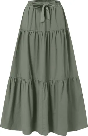 Linen Maxi Skirts for Women 2025 Summer Bow Elastic Waist A Line Tiered Boho Skirt Vacation Beach Long Pleated Skirt