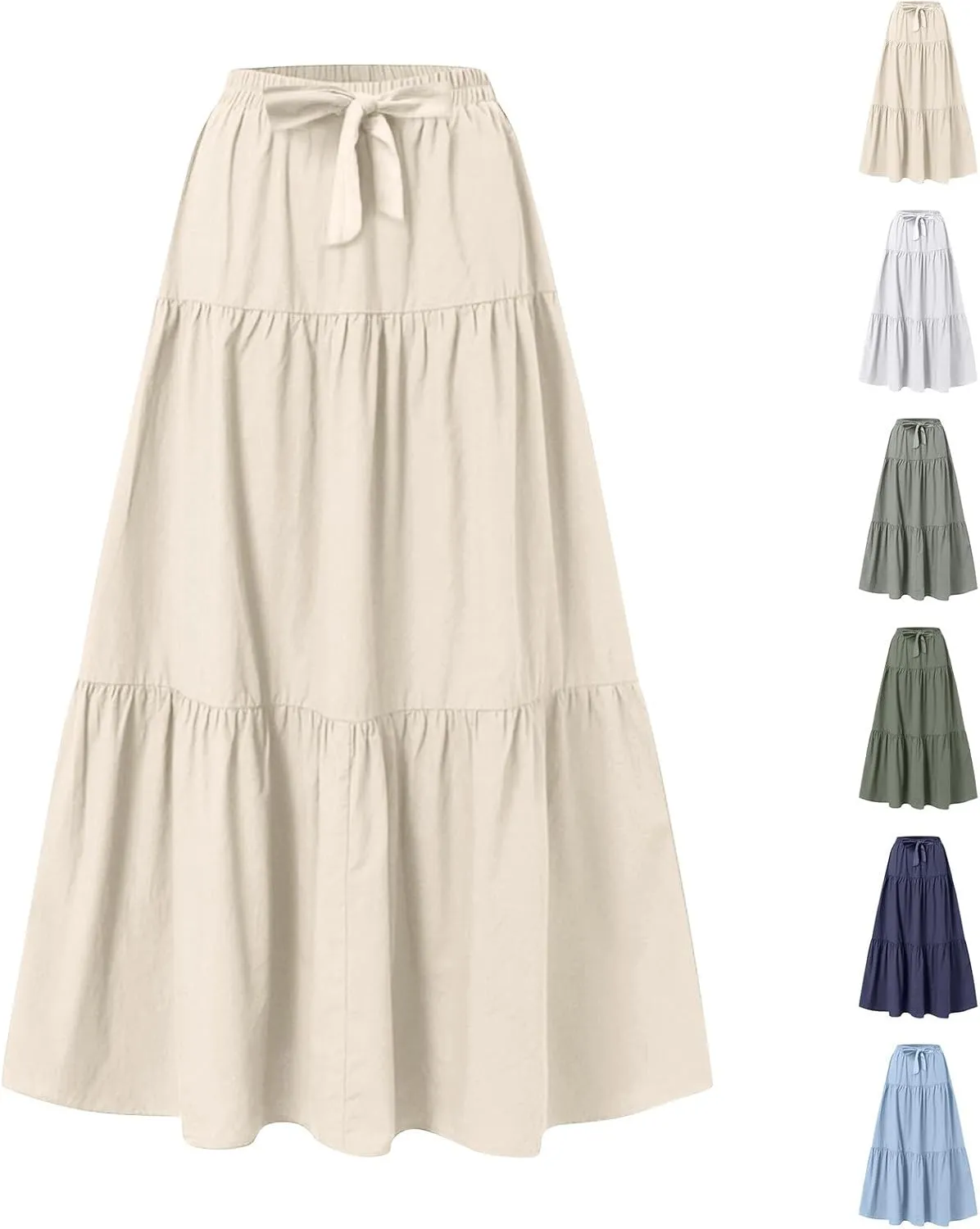Linen Maxi Skirts for Women 2025 Summer Bow Elastic Waist A Line Tiered Boho Skirt Vacation Beach Long Pleated Skirt