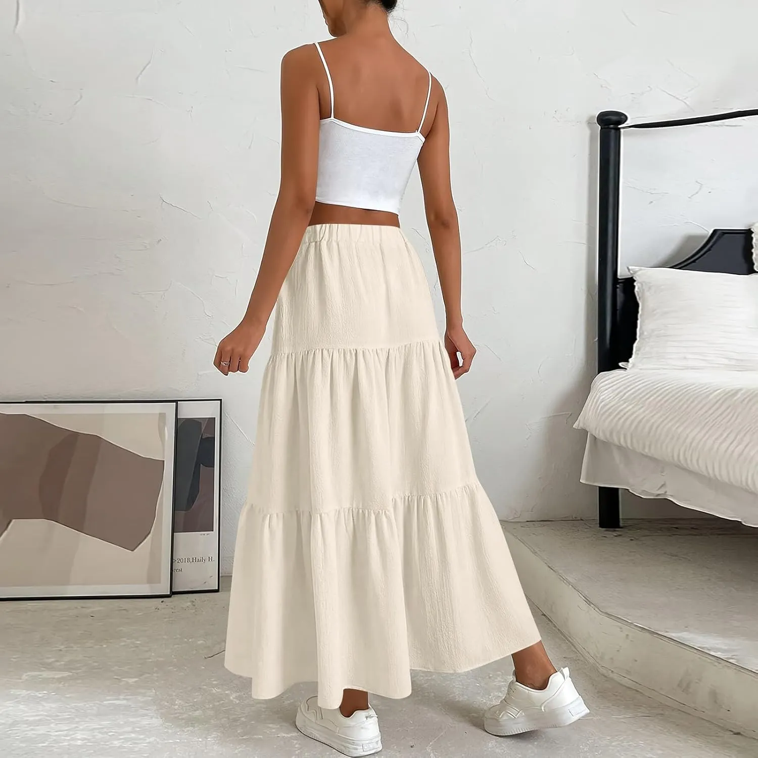 Linen Maxi Skirts for Women 2025 Summer Bow Elastic Waist A Line Tiered Boho Skirt Vacation Beach Long Pleated Skirt