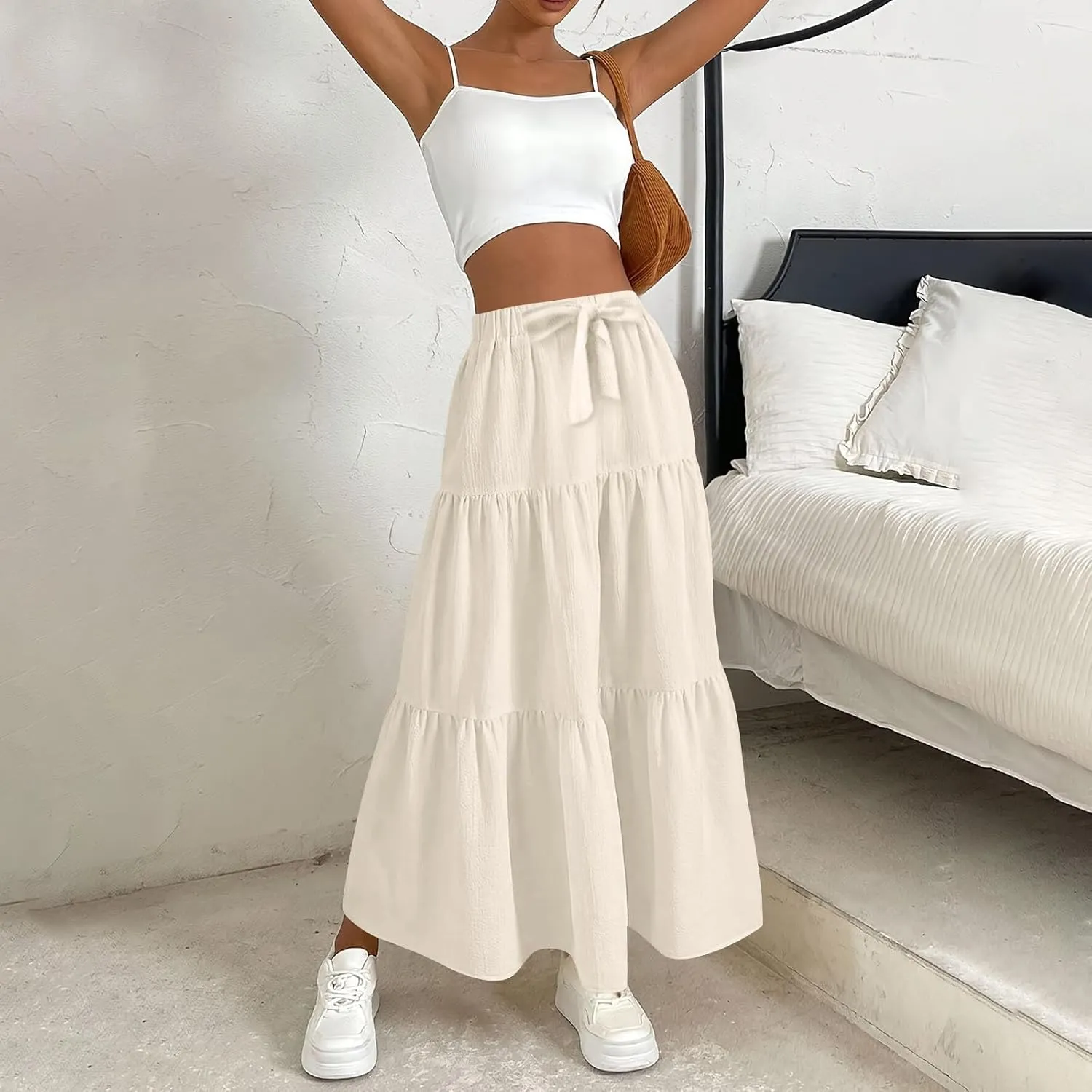 Linen Maxi Skirts for Women 2025 Summer Bow Elastic Waist A Line Tiered Boho Skirt Vacation Beach Long Pleated Skirt