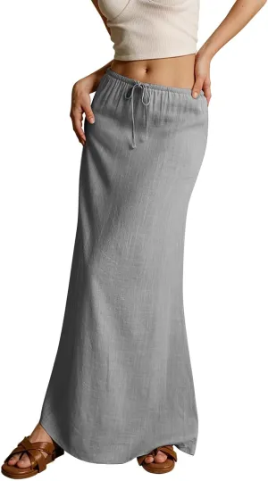 Linen Maxi Skirts for Women Summer 2025 Vacation A Line Skirt Long Cover Ups Comfy Drawstring Low Waist Boho Skirt