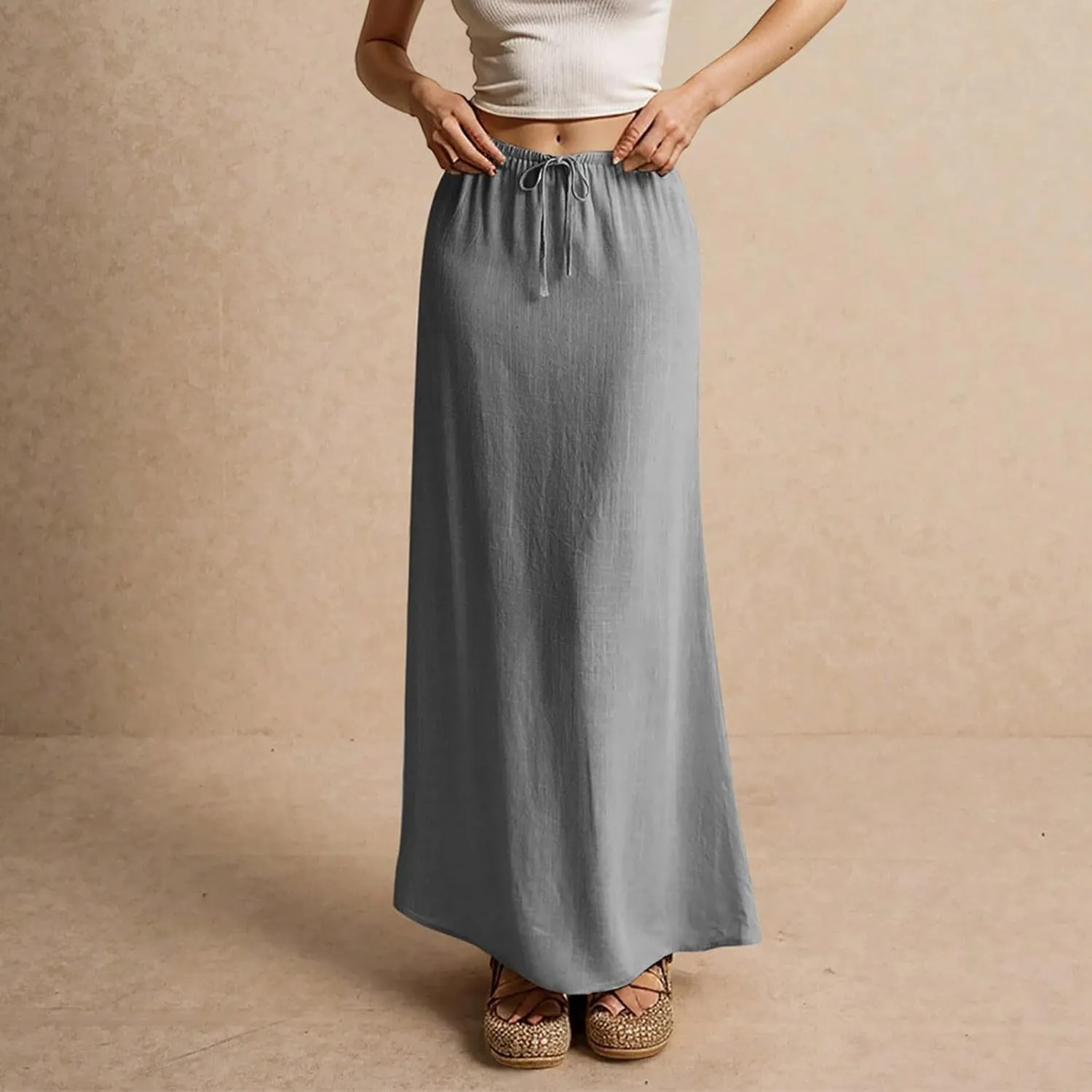 Linen Maxi Skirts for Women Summer 2025 Vacation A Line Skirt Long Cover Ups Comfy Drawstring Low Waist Boho Skirt