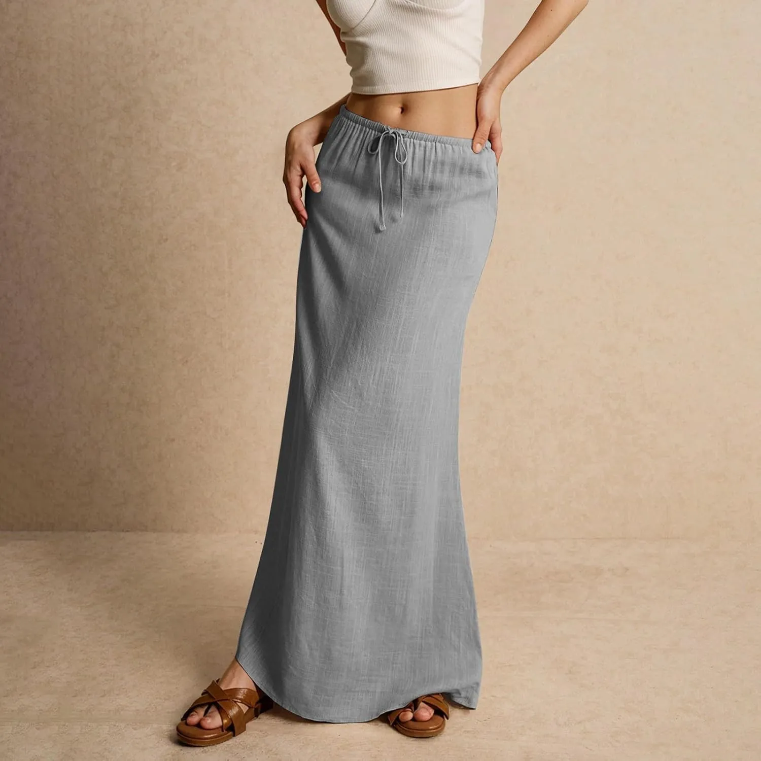 Linen Maxi Skirts for Women Summer 2025 Vacation A Line Skirt Long Cover Ups Comfy Drawstring Low Waist Boho Skirt