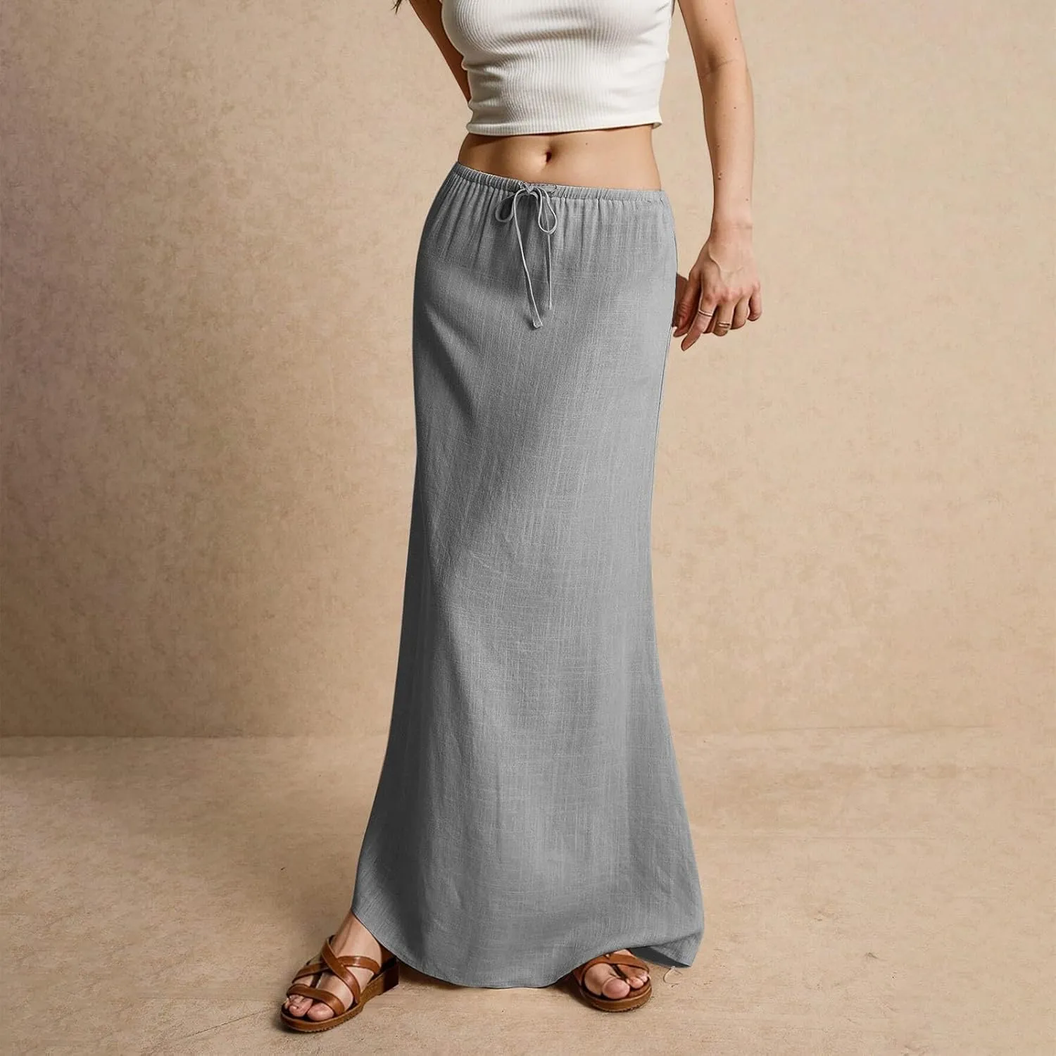 Linen Maxi Skirts for Women Summer 2025 Vacation A Line Skirt Long Cover Ups Comfy Drawstring Low Waist Boho Skirt