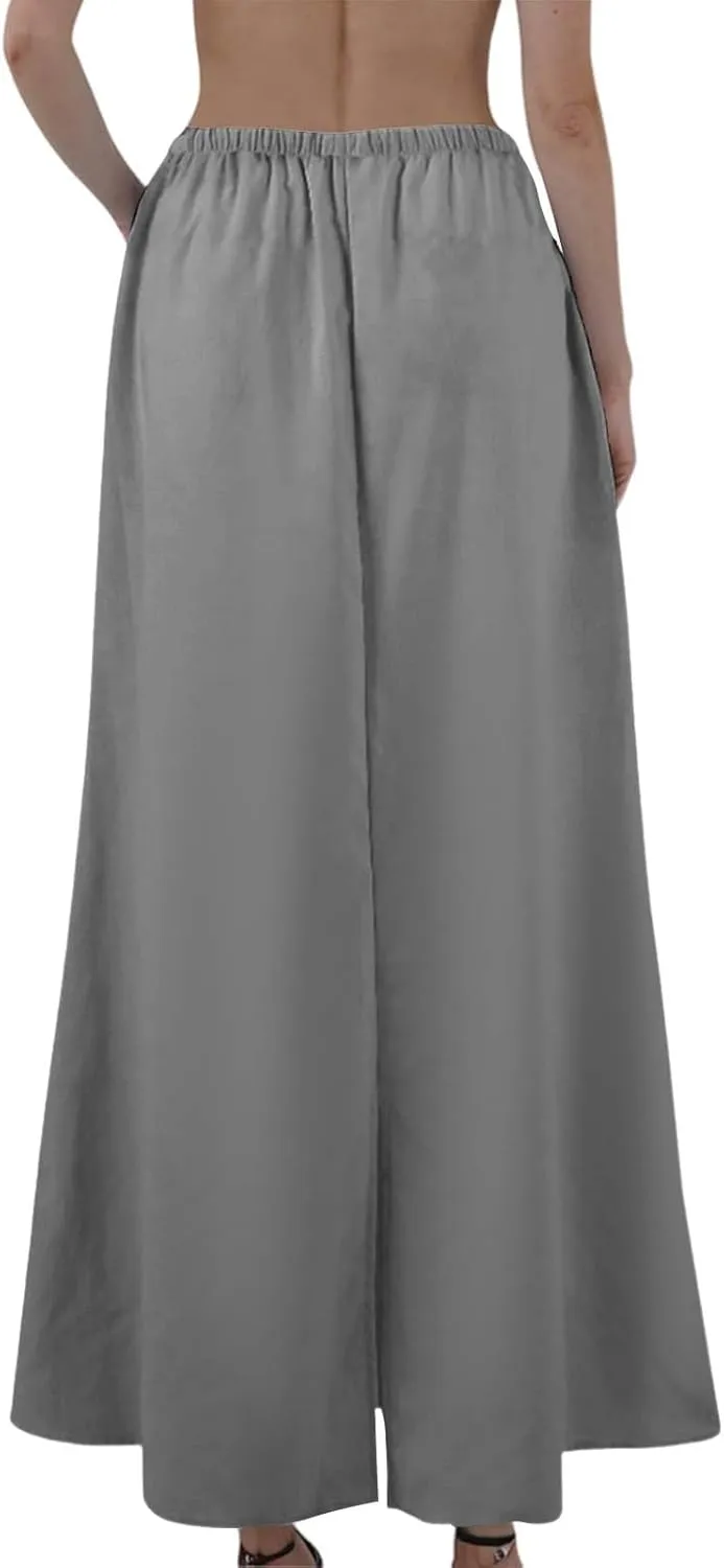 Linen Maxi Skirts for Women Summer Boho Low Rise A-Line Skirts Beach Vacation Long Flowy Fishtail Skirt with Back Slit
