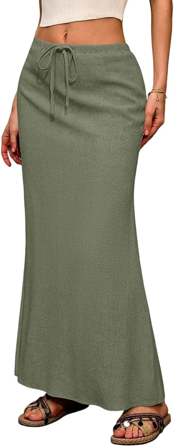 Linen Maxi Skirts for Women Summer Boho Low Rise A-Line Skirts Beach Vacation Long Flowy Fishtail Skirt with Back Slit