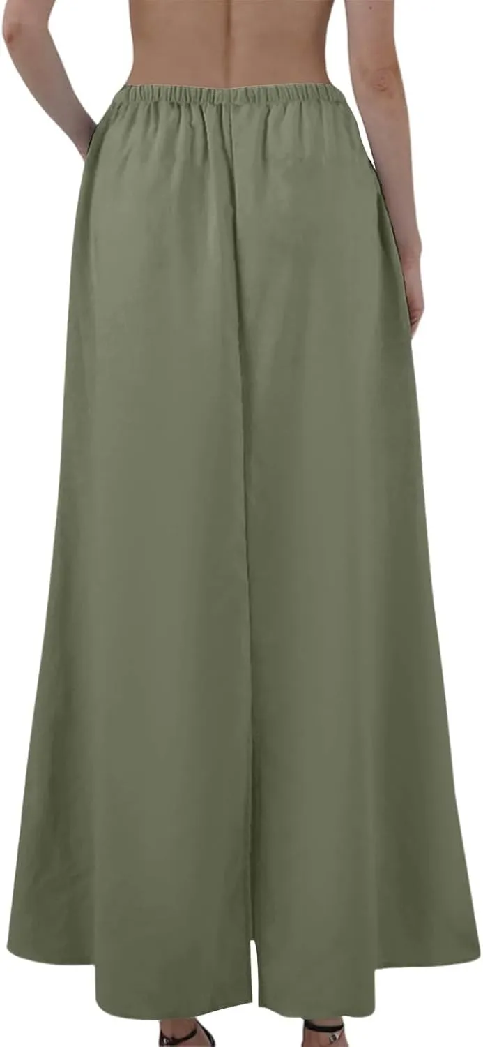 Linen Maxi Skirts for Women Summer Boho Low Rise A-Line Skirts Beach Vacation Long Flowy Fishtail Skirt with Back Slit