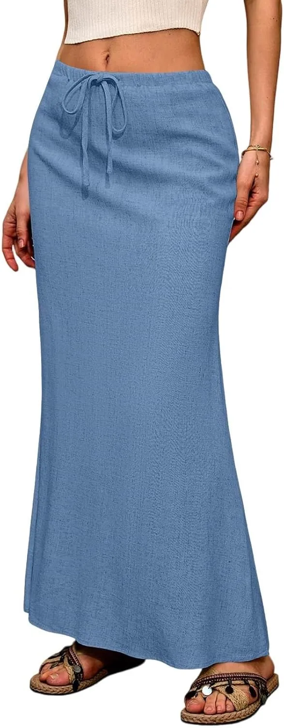 Linen Maxi Skirts for Women Summer Boho Low Rise A-Line Skirts Beach Vacation Long Flowy Fishtail Skirt with Back Slit