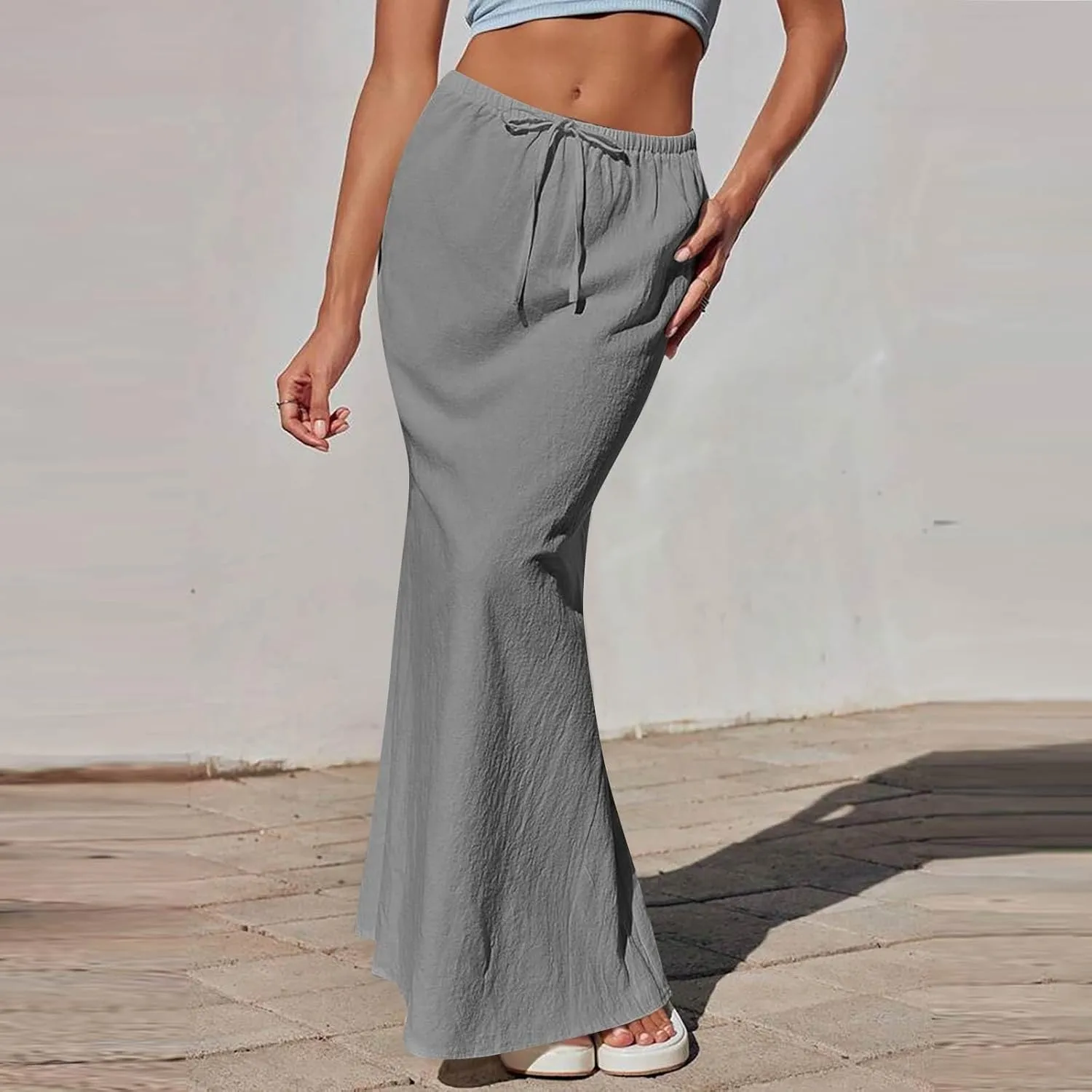 Linen Maxi Skirts for Women Summer Boho Low Rise A-Line Skirts Beach Vacation Long Flowy Fishtail Skirt with Back Slit