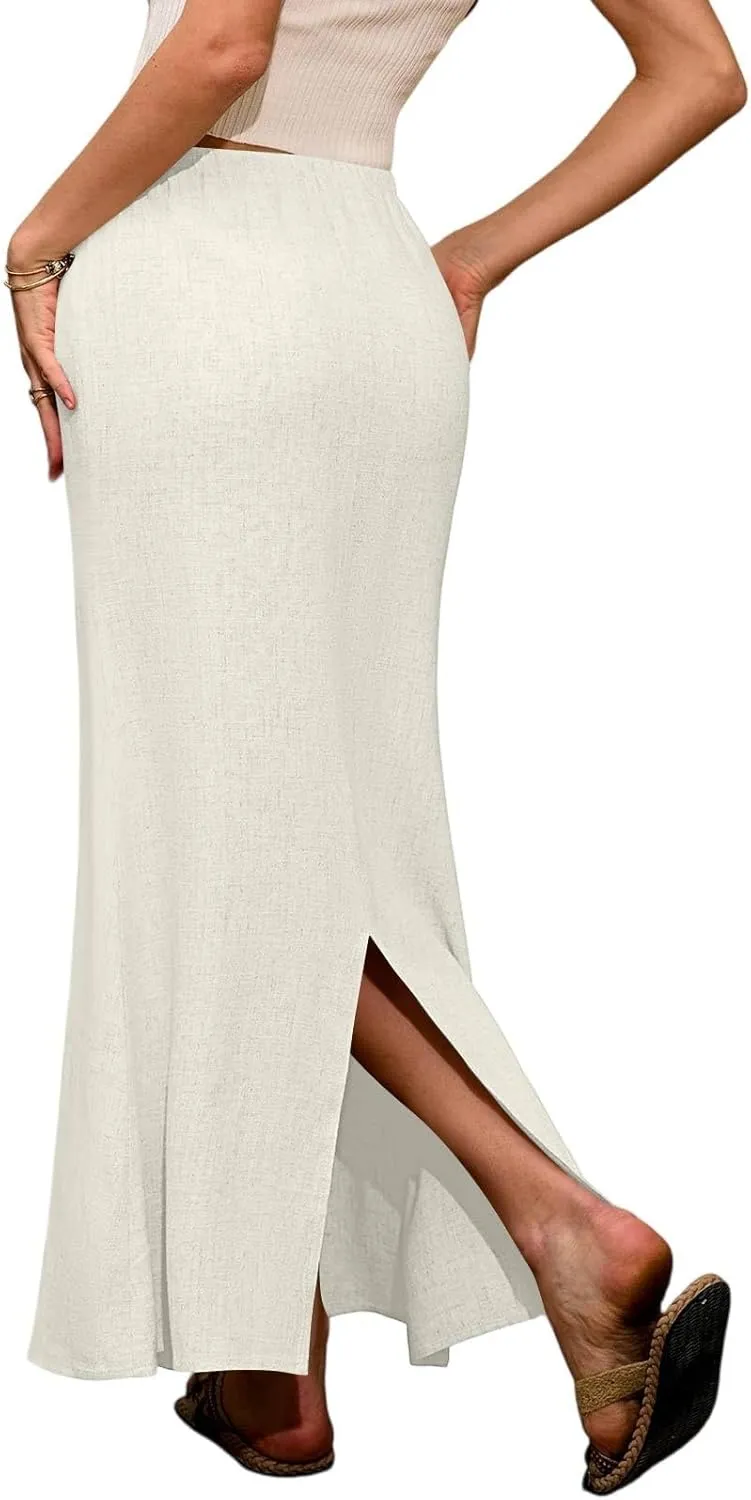 Linen Maxi Skirts for Women Summer Boho Low Rise A-Line Skirts Beach Vacation Long Flowy Fishtail Skirt with Back Slit