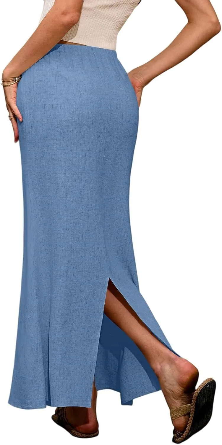 Linen Maxi Skirts for Women Summer Boho Low Rise A-Line Skirts Beach Vacation Long Flowy Fishtail Skirt with Back Slit