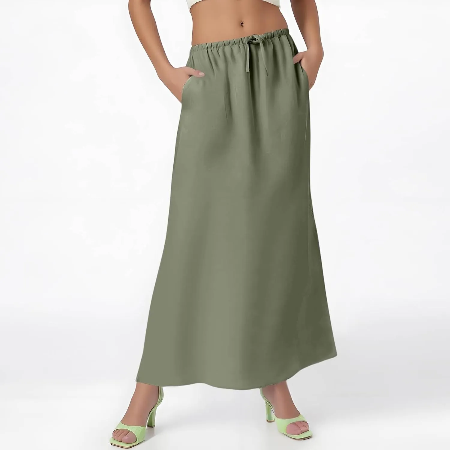 Linen Maxi Skirts for Women Summer Boho Low Rise A-Line Skirts Beach Vacation Long Flowy Fishtail Skirt with Back Slit