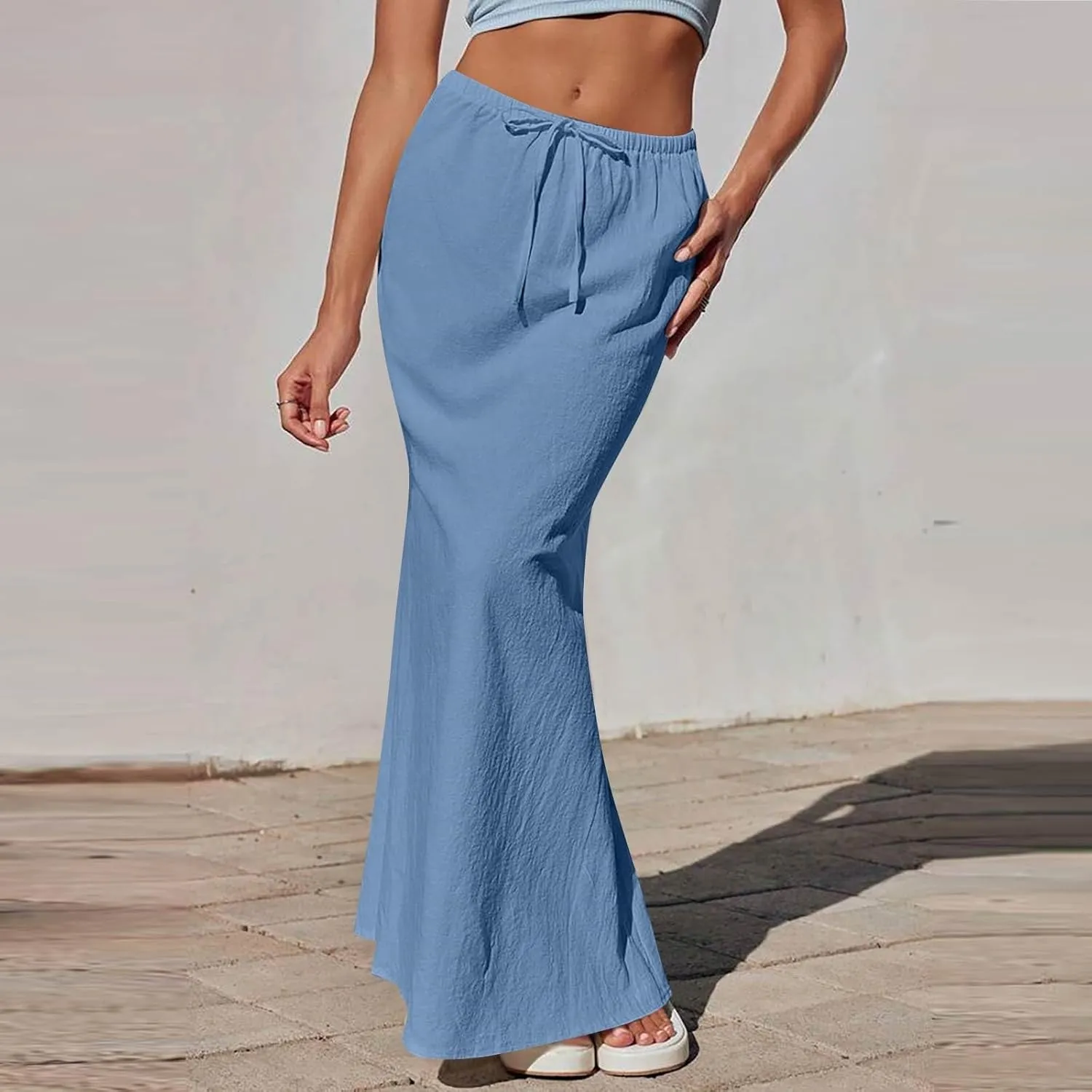 Linen Maxi Skirts for Women Summer Boho Low Rise A-Line Skirts Beach Vacation Long Flowy Fishtail Skirt with Back Slit