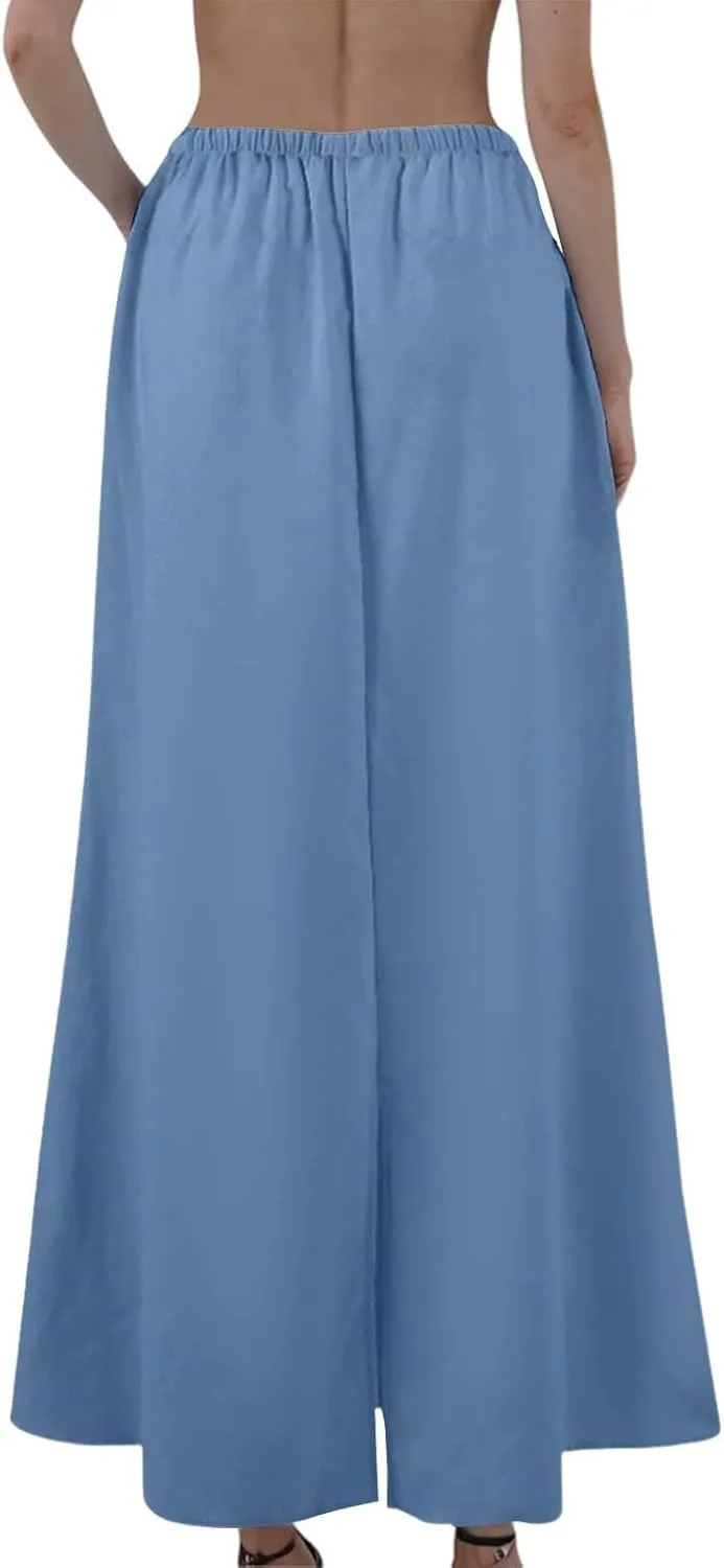 Linen Maxi Skirts for Women Summer Boho Low Rise A-Line Skirts Beach Vacation Long Flowy Fishtail Skirt with Back Slit