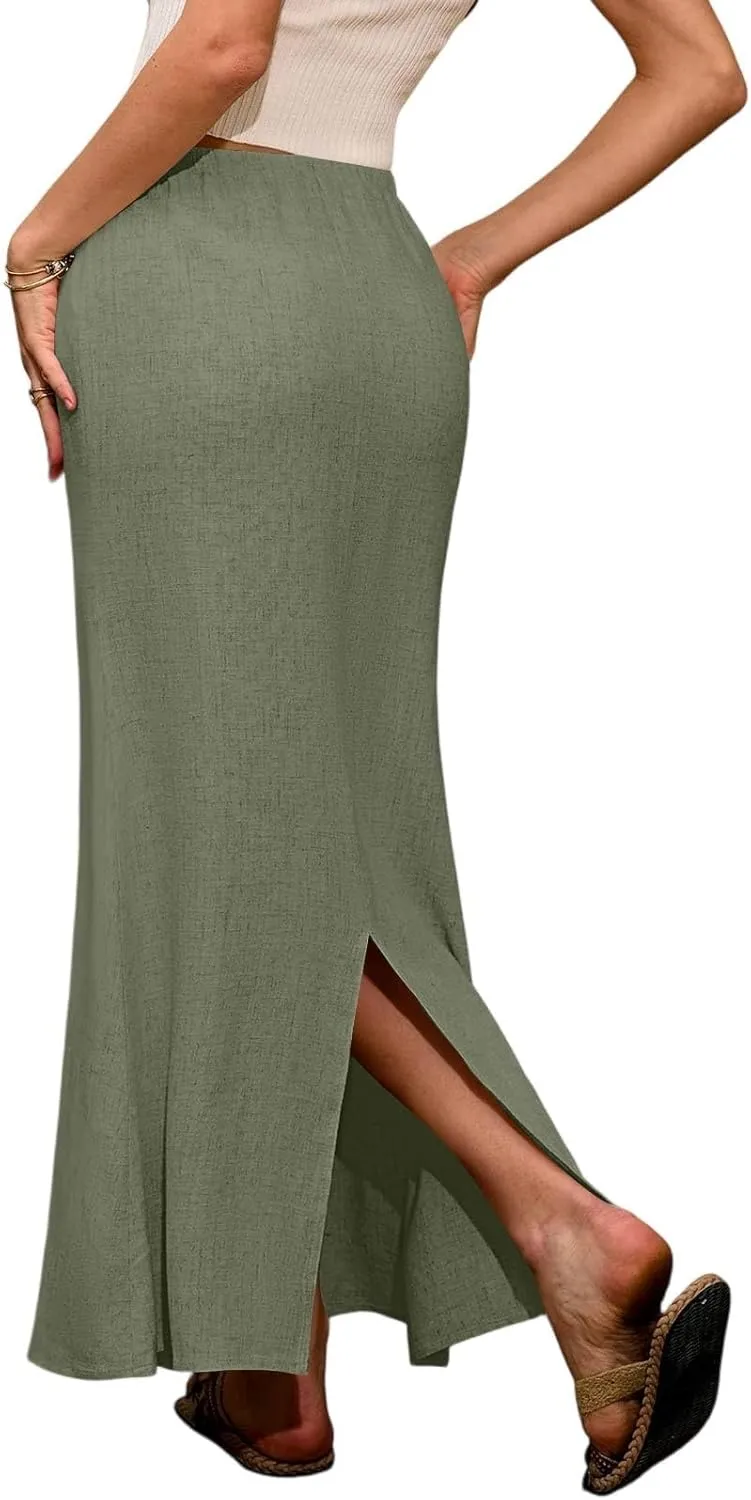 Linen Maxi Skirts for Women Summer Boho Low Rise A-Line Skirts Beach Vacation Long Flowy Fishtail Skirt with Back Slit
