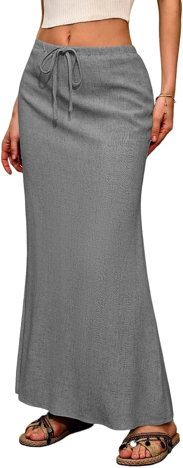 Linen Maxi Skirts for Women Summer Boho Low Rise A-Line Skirts Beach Vacation Long Flowy Fishtail Skirt with Back Slit