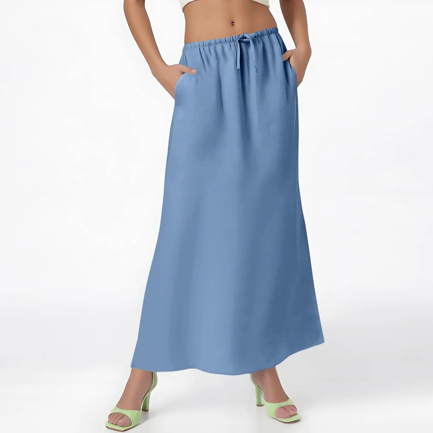 Linen Maxi Skirts for Women Summer Boho Low Rise A-Line Skirts Beach Vacation Long Flowy Fishtail Skirt with Back Slit