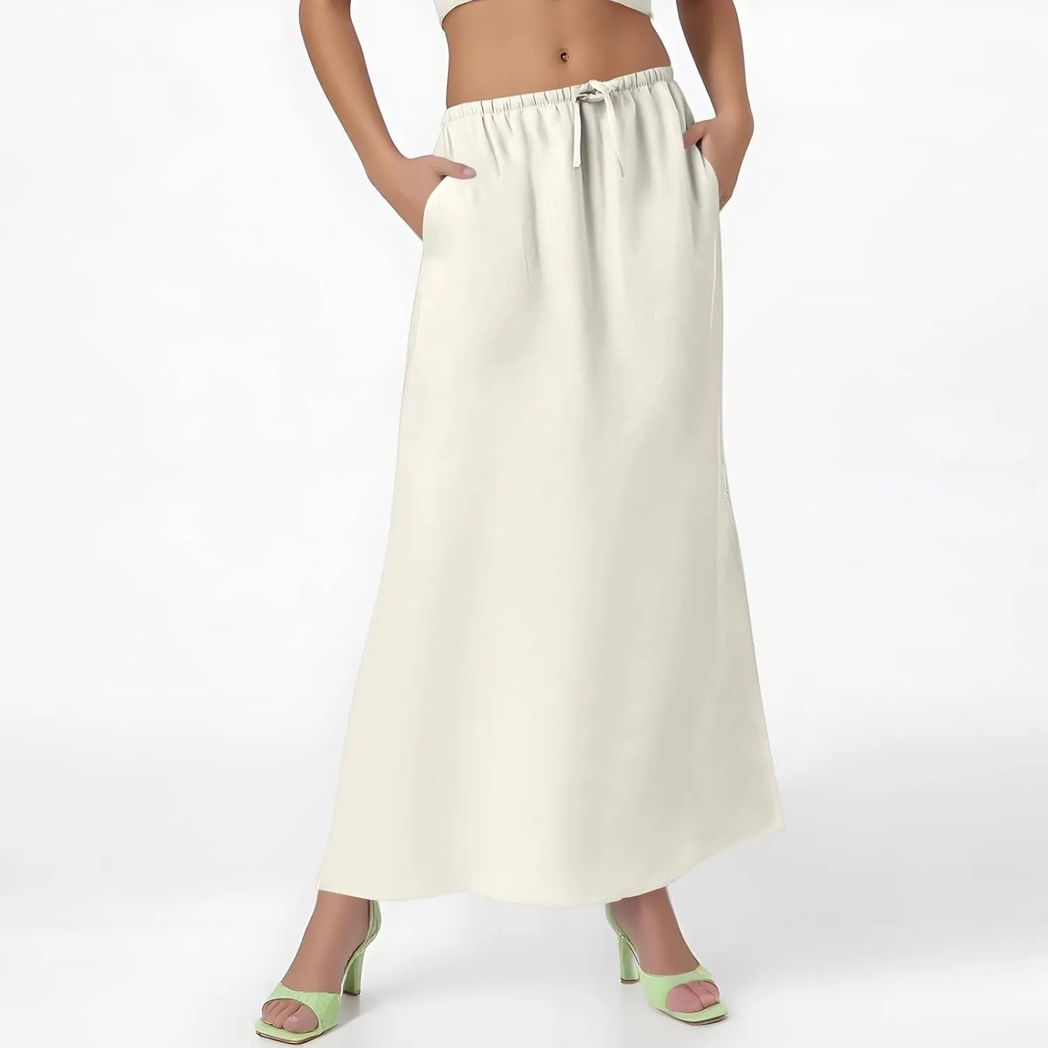 Linen Maxi Skirts for Women Summer Boho Low Rise A-Line Skirts Beach Vacation Long Flowy Fishtail Skirt with Back Slit