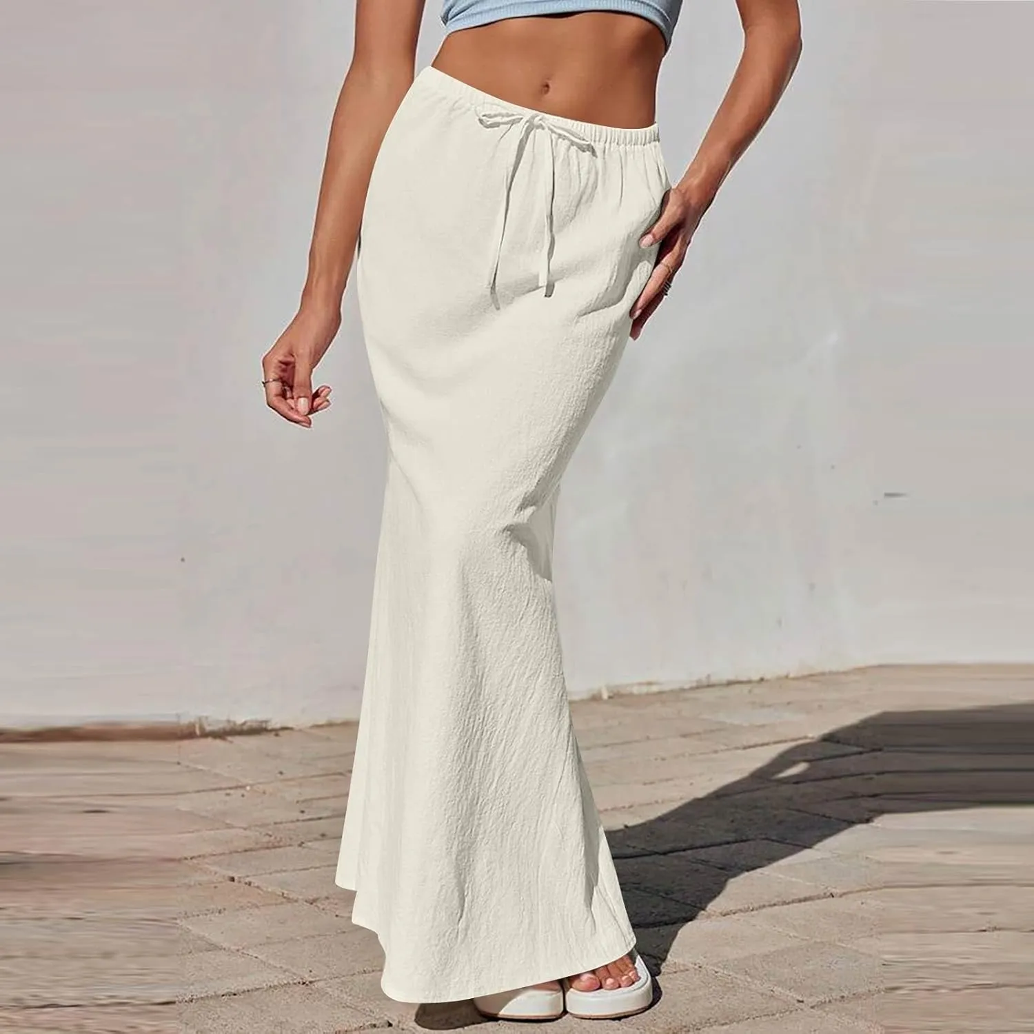 Linen Maxi Skirts for Women Summer Boho Low Rise A-Line Skirts Beach Vacation Long Flowy Fishtail Skirt with Back Slit