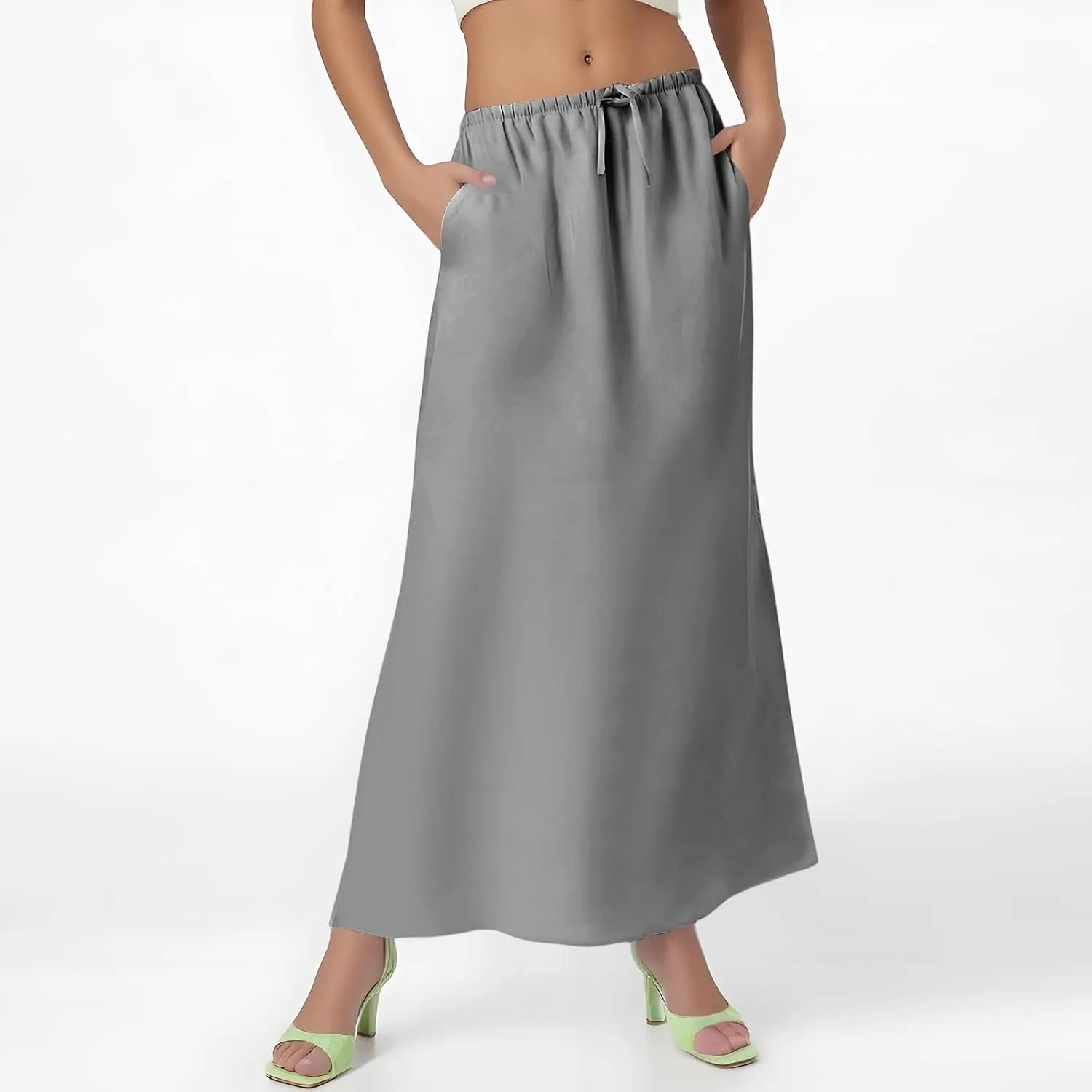 Linen Maxi Skirts for Women Summer Boho Low Rise A-Line Skirts Beach Vacation Long Flowy Fishtail Skirt with Back Slit