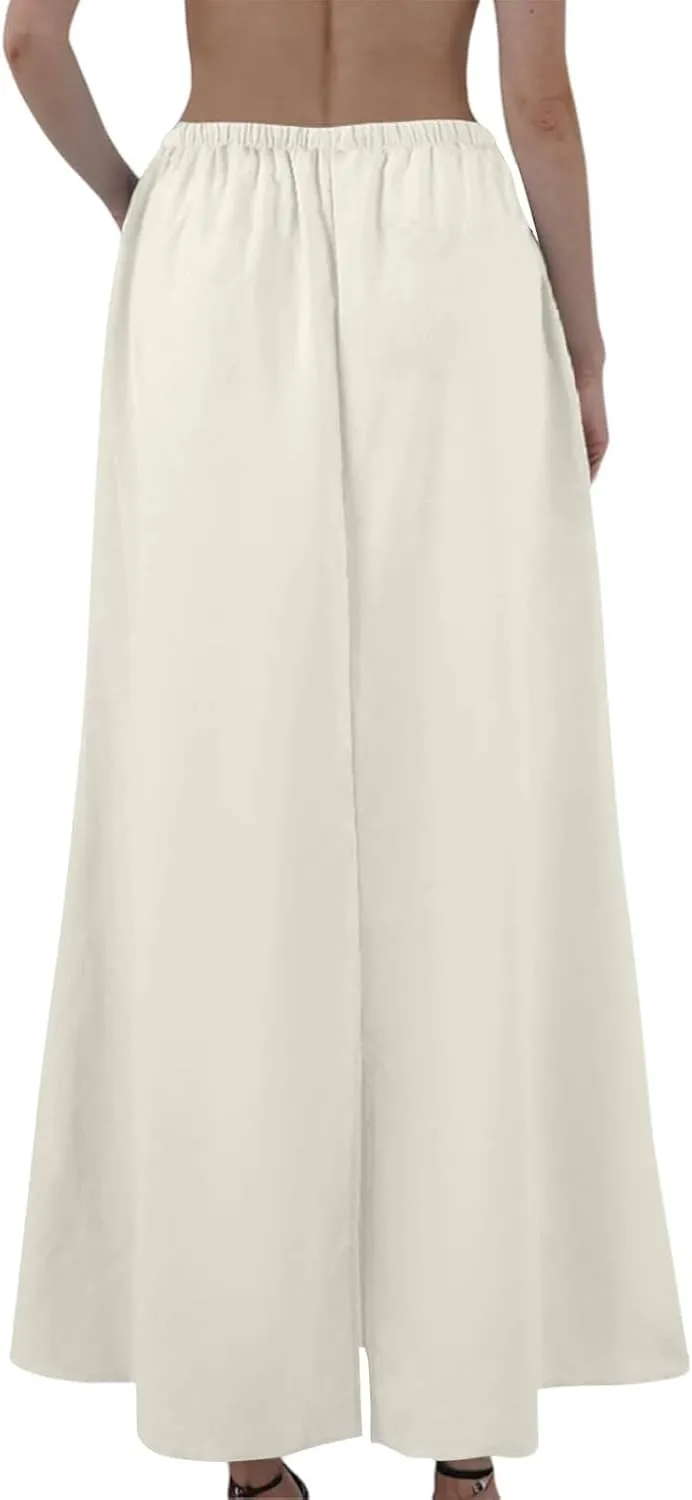 Linen Maxi Skirts for Women Summer Boho Low Rise A-Line Skirts Beach Vacation Long Flowy Fishtail Skirt with Back Slit