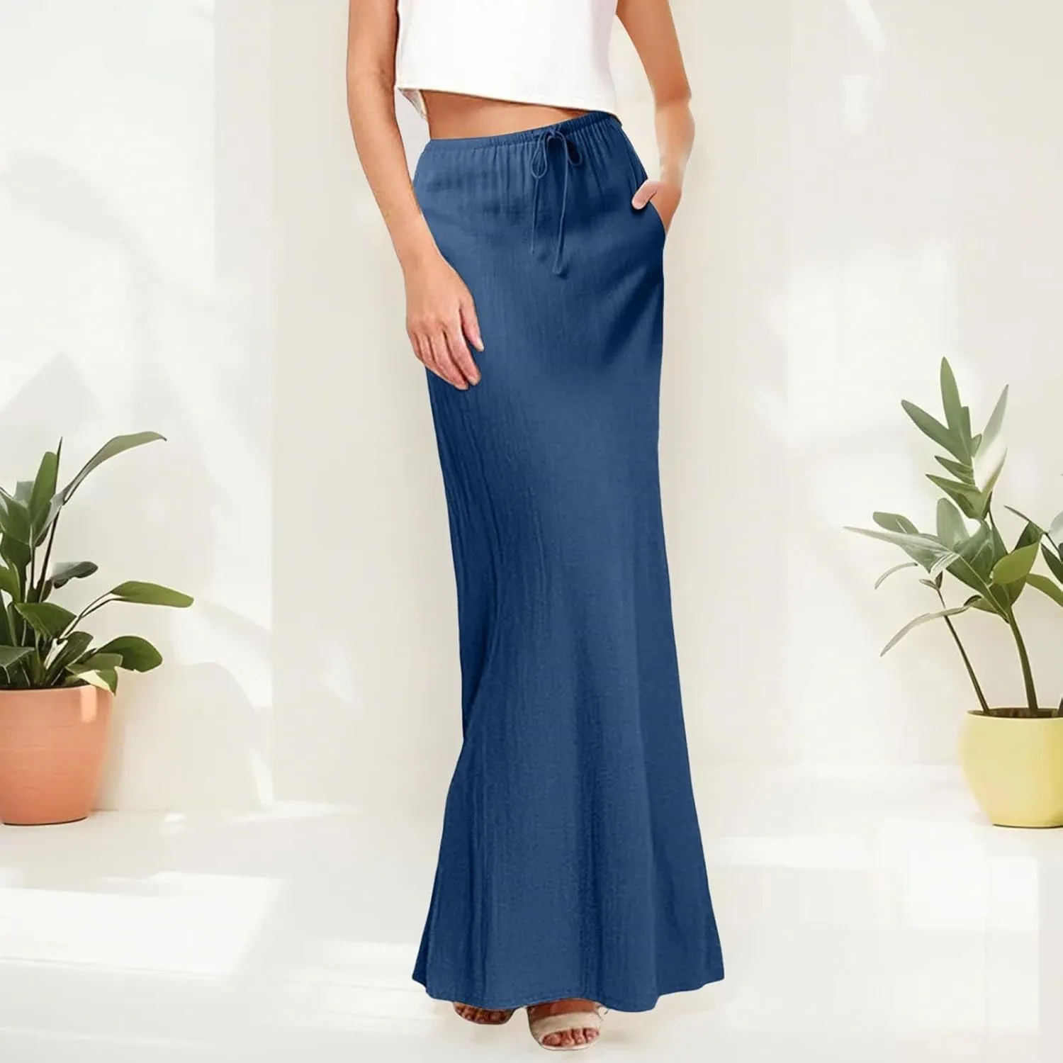 Linen Maxi Skirts for Women Trendy Casual Summer Drawstring Long A Line Skirt Comfy Flowy Boho Beach Vacation Skirt