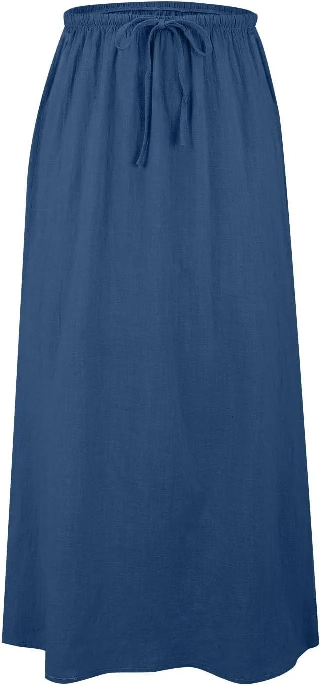 Linen Maxi Skirts for Women Trendy Casual Summer Drawstring Long A Line Skirt Comfy Flowy Boho Beach Vacation Skirt