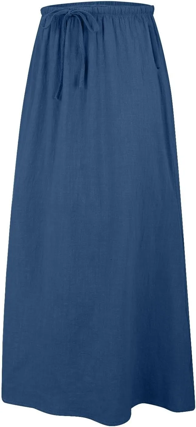 Linen Maxi Skirts for Women Trendy Casual Summer Drawstring Long A Line Skirt Comfy Flowy Boho Beach Vacation Skirt