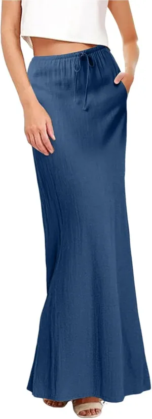 Linen Maxi Skirts for Women Trendy Casual Summer Drawstring Long A Line Skirt Comfy Flowy Boho Beach Vacation Skirt