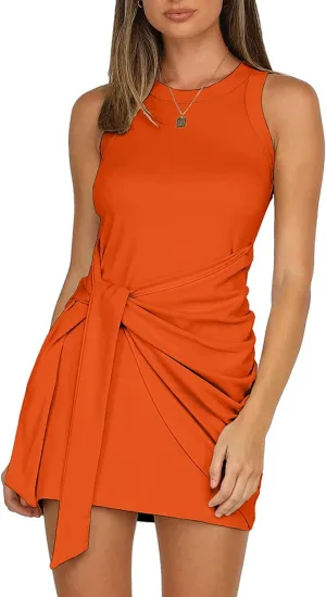 LIYOHON Women's Summer Casual Beach Dress Sleeveless Ruched Tie Tank Bodycon Wrap Mini Dresses