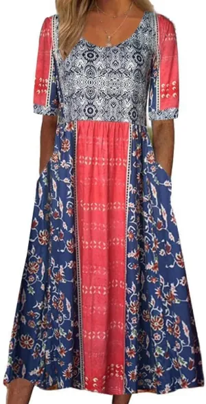 LOAIHA Women's Bohemian Floral Printed Maxi Dress Colorful Summer Casual Loose Flowy Dresses with Pockets