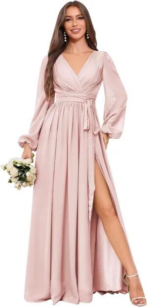 Long Chiffon Bridesmaid Dress with Sleeves A Line V Neck Modest Ruched Wedding Guest Dresses with Slit