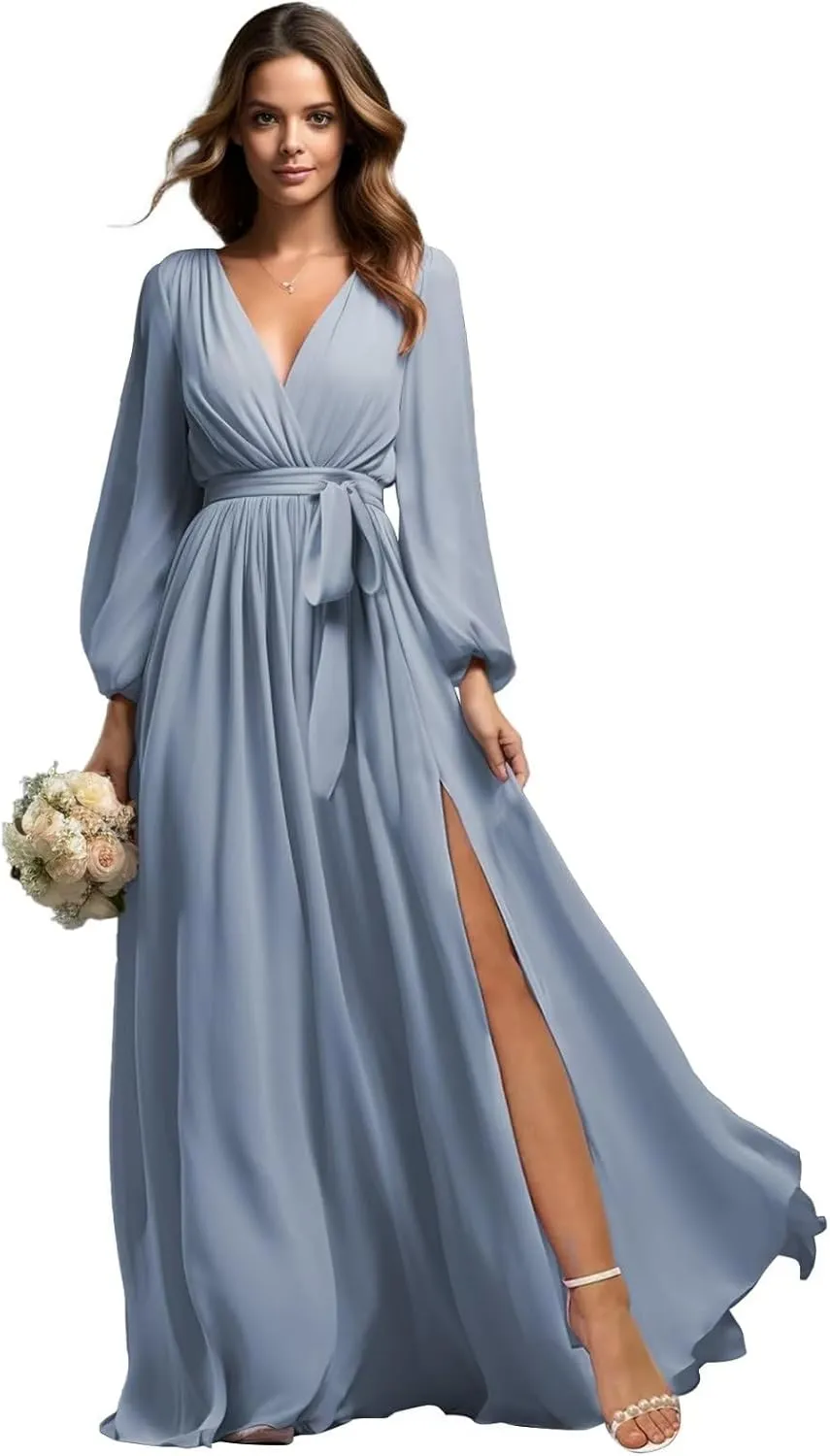 Long Chiffon Bridesmaid Dress with Sleeves A Line V Neck Modest Ruched Wedding Guest Dresses with Slit