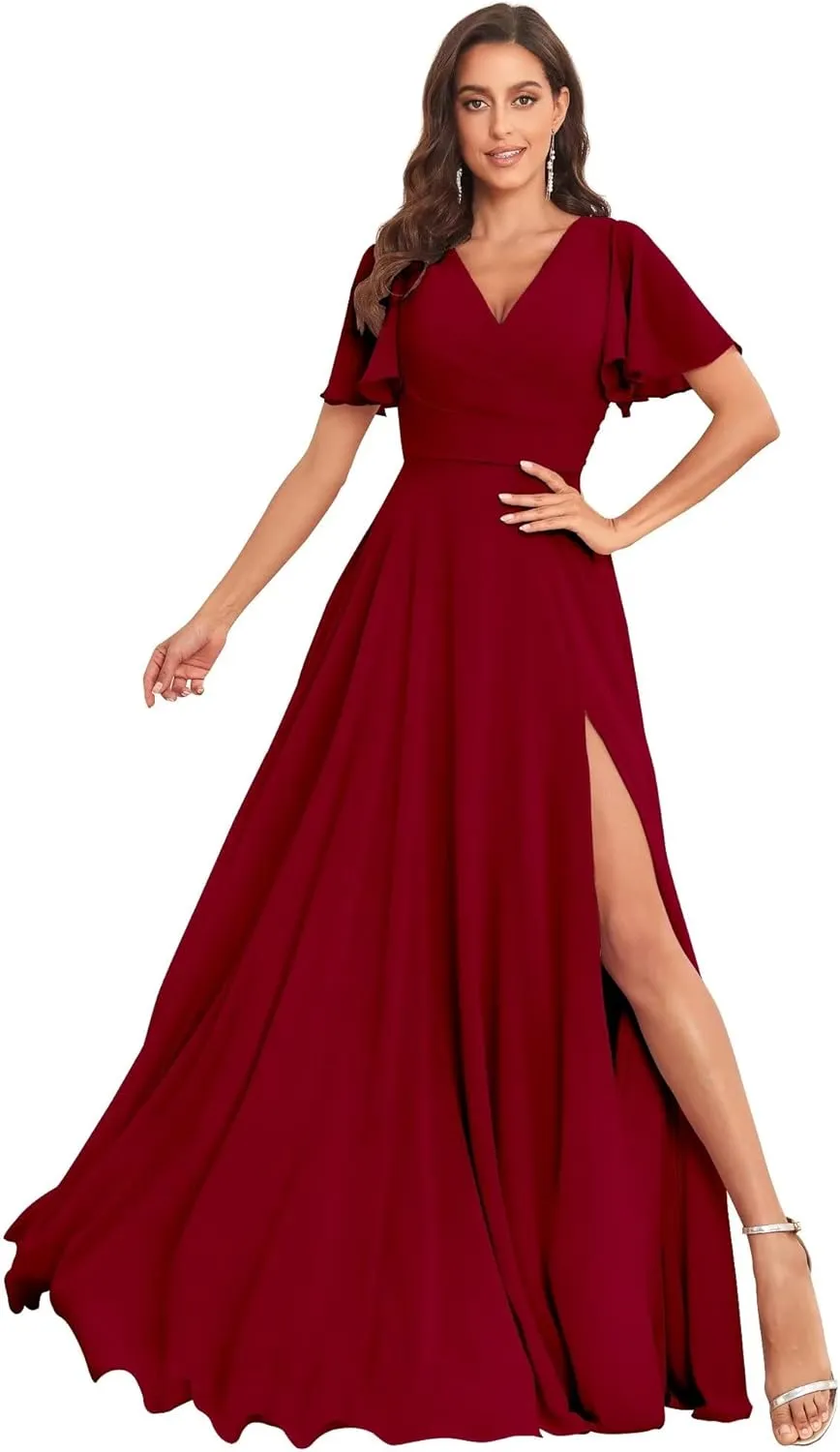 Long Chiffon Bridesmaid Dresses for Wedding Short Sleeve V Neck Formal Eevning Dresses