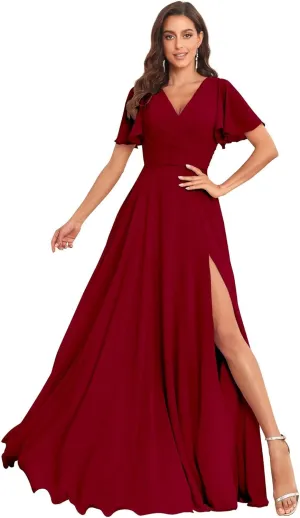 Long Chiffon Bridesmaid Dresses for Wedding Short Sleeve V Neck Formal Eevning Dresses