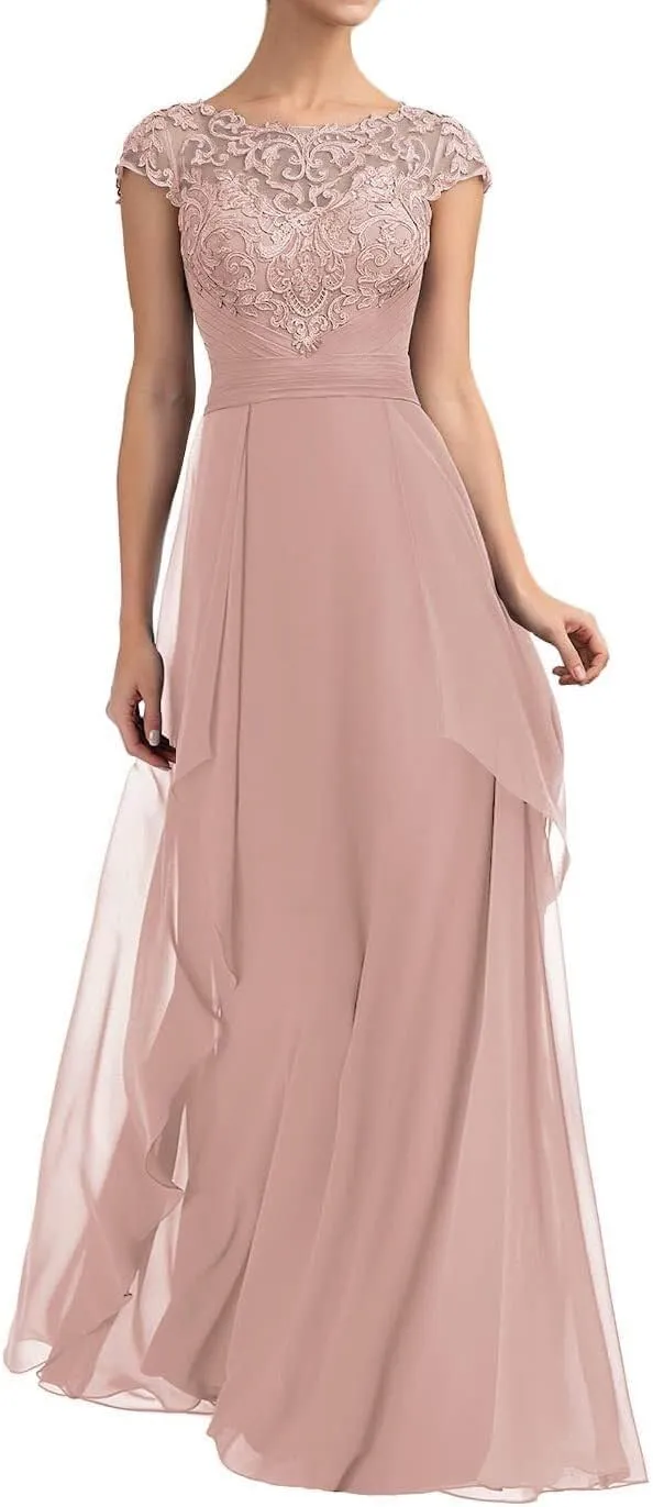 Long Mother of The Bride Dresses for Wedding Ruffle Chiffon Lace Applique Formal Evening Gown for Women MK45