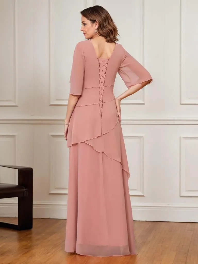 Long Mother of The Bride Dresses for Wedding Ruffles Chiffon Formal Dress with Sleeves
