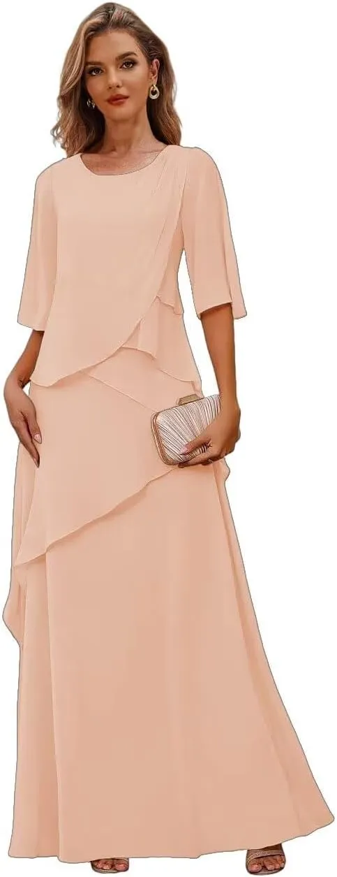 Long Mother of The Bride Dresses for Wedding Ruffles Chiffon Formal Dress with Sleeves