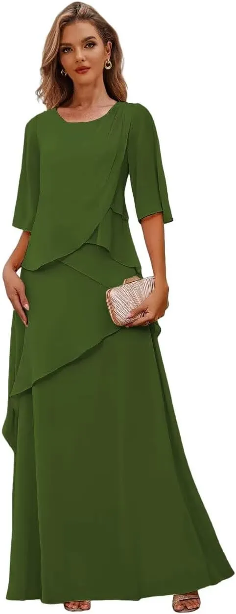 Long Mother of The Bride Dresses for Wedding Ruffles Chiffon Formal Dress with Sleeves